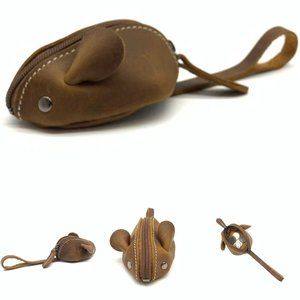 Cute Soft Leather 3D Mouse Coin Purse Change Purse with wrist strap (Brown)